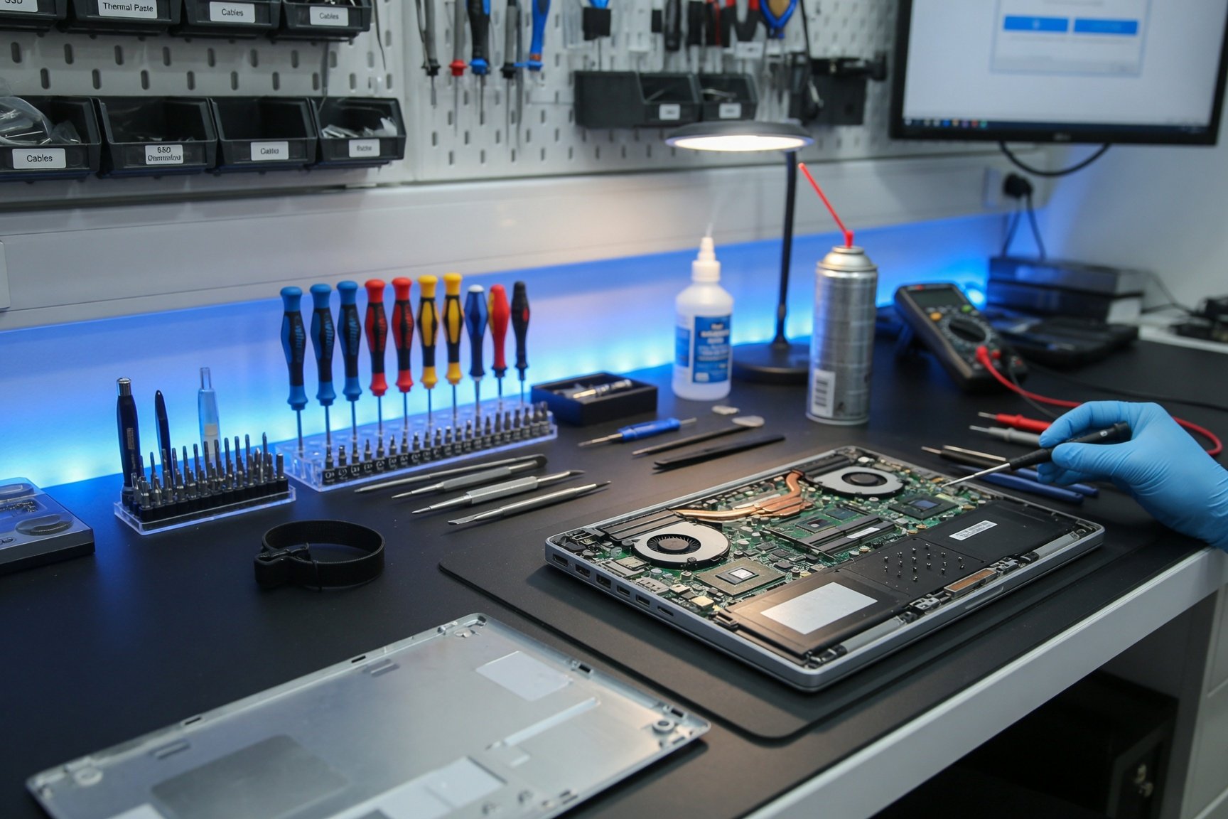 Bancada de assistência técnica MD Tech Solutions com equipamento em diagnóstico